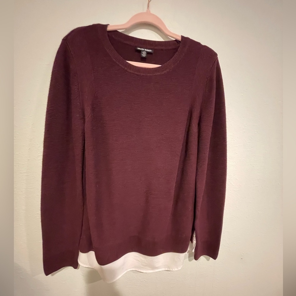 Hilary Radley long sleeve knit top in plum with white mock shirt hem.  S…